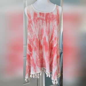 Altar'd State Swing Tunic Tank w/ Tassels Women's L Coral & Cream Tie-Dye Beachy